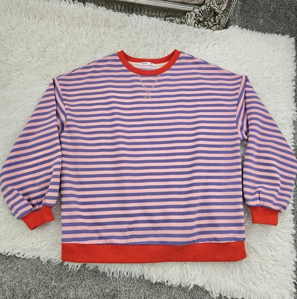 UEU Oversized Lagenlook Striped Crewneck Pullover Sweatshirt. Pink Purple Stripe - Picture 3 of 9